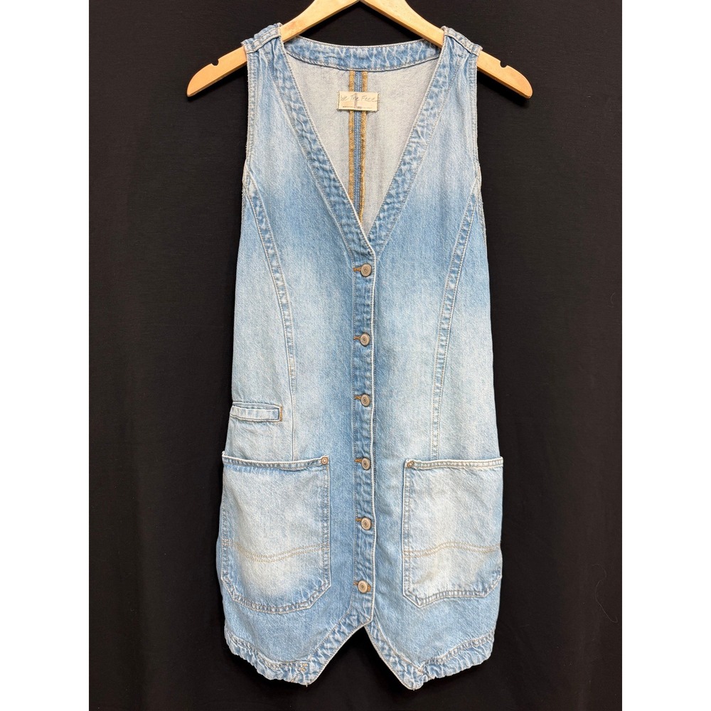 Free People We The Free Light Wash Denim Longline Button-Down Vest Size Large